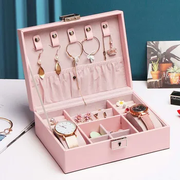 עור PU תכשיטים ארגונית נייד שרשרת עגילים טבעות תכשיטים קופסת אריזה אחסון תכשיטים לאחסון עם נעילה