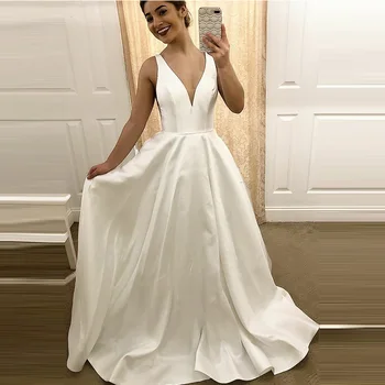 Vestidos דה בודהה פשוט סאטן סקסית צוואר V שמלת כלה רצועות ללא משענת חתונה שמלה קו שמלת הכלה חלוק De Mariage 2022