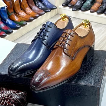קלאסי עסקי גברים נעלי אוקספורד דרבי אמיתי עור מחודד בוהן אופנה תחרה איכות גבוהה משרד חתונה רשמית נעל גברית.