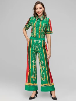 MoaaYina מעצב אופנה חליפת קיץ נשים Turn-למטה צווארון יהלומים שרוול קצר למעלה+פרח הדפסה מכנסיים שתי חתיכות להגדיר
