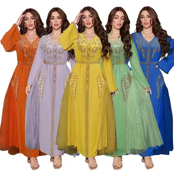 Abaya השמלה 2023 קיץ אלגנטי נשים מוסלמיות השרוול הארוך V-צוואר פוליאסטר נצנצים ירוק צהוב כחול שמלה ארוכה המוסלמים Abaya