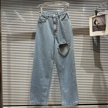 BORVEMAYS נשים חלול החוצה יהלומים ג 'ינס ישר הרגל המכנסיים גבוהה המותניים מוצק צבע 2023 סתיו ניו ג' ינס מקרית WZ5404