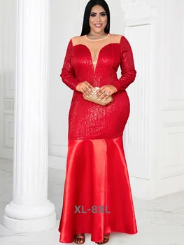 גודל פלוס אדום פאייטים שמלות לנשים o צוואר לראות דרך שרוול ארוך Bodycon חצוצרה באורך קרסול ערב 3xl 4xl 5xl 6xl