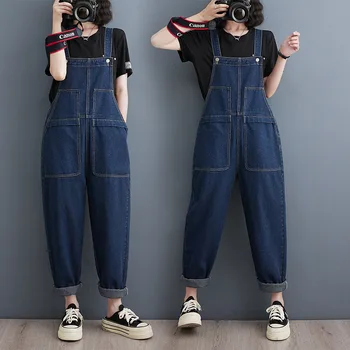 ג 'ינס סרבלים לנשים 2023 קיץ אופנה עיצוב כיס מזדמן רופף ג' ין אוברול ארוך Suspender רחב רגל סרבל