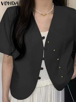 וונדה אלגנטי נשים מקרית בלייזר בקיץ OL סגנון מעילים 2023 אופנה קצר השרוול V-צוואר מוצק צבע רופף מעיל כפתורים לכל היותר