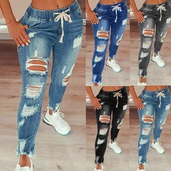 נשים אופנה ג 'ינס קרועים רזה חדש סקסי ירך סלים ג' ין אמא טייץ ג 'ינס בגדי ג' ינס הנשי סרבל גומייה המכנסיים