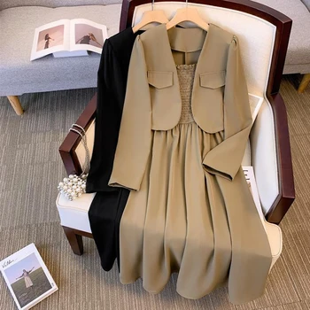 גודל גדול 4XL נשים סתיו שתי חתיכה להגדיר ז ' קט חולצות עם קפלים ארוכה קלע השמלה השחורה האלגנטית משמש המשרד סלים להלביש