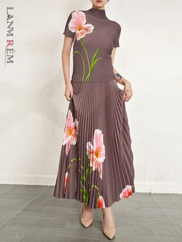 LANMREM הדפסת פרחים, קפלים 2 חתיכות להגדיר נשים של צווארון עם שרוולים קצרים חולצה-קו אופנה חצאיות 2023 חדש 2AA1278