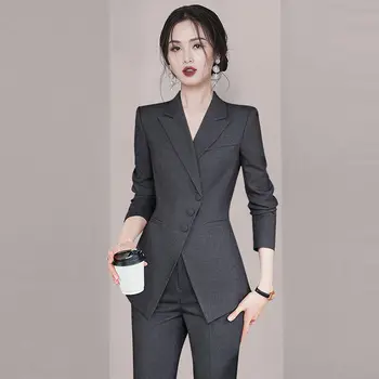 נשים 2023 אביב סתיו מקצועי חדש, 2 ערכות קטע נשי מוצק שרוול ארוך מעיל + מכנסיים נשים אלגנטי המשרד חליפות E314