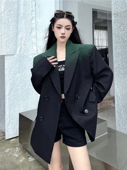 אופנה, אופנת רחוב שחור ירוק שיפוע בלייזרס נשים קוריאני חופשי מנופחים מעילי החליפה גברים אישה 2022 חדש