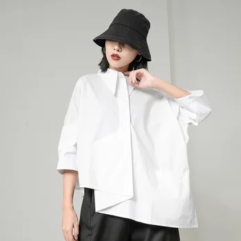 אביב/קיץ נשים כותנה חולצות שחור סימטרי שלושה רבעים שרוולים מעצב חולצות סדיר צמרות אופנתיים לבנים פשוטים