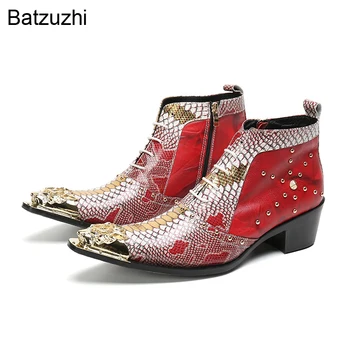 Batzuzhi עיצוב חדש נעלי גברים זהב ברזל הבוהן אדום זהב מגפי קרסול עור עבור גברים עור נחש אופנה מסיבה/חתונה מגפי גברים