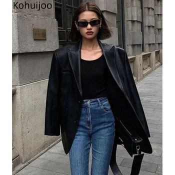 Kohuijoo אופנה עור בלייזר החליפה לנשים 2023 סתיו חדש ארוך שרוול יחיד עם חזה רחוב משוחרר מזדמן PU מעיל