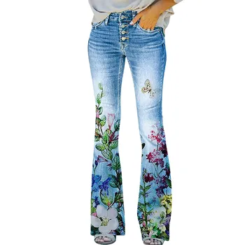 2023 בנות זמן מזדמן מודפס Slim Fit מכנסיים נוחים מיקרו התלקח ג ' ינס בתוספת גודל חותלות עם כיסים בחירה מרובה