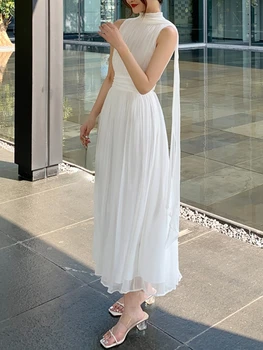 אלגנטי צבע טהור ללא שרוולים שמלת אישה 2023 קיץ חוף שיפון חתיכה אחת שמלה קוריאנית אופנה מזדמן Midi שמלה סלים שיק