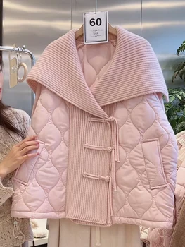 הסתיו ואת החורף 2022 קוריאנית חופשי מתוק סריגים החדרת מעיל כותנה ורוד דש חם סוודר מעיל לנשים