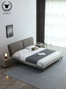 איטלקי מינימליסטי עור המיטה דירה קטנה אור יוקרה נורדי עור אמנות מיטה פשוטה מודרני מיטה זוגית לחדר השינה הראשי.