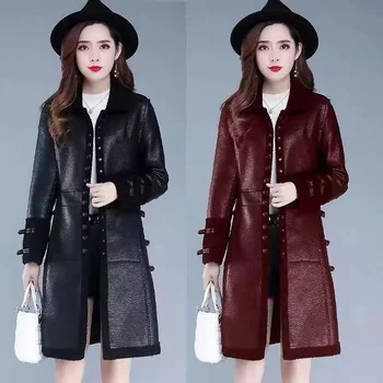 2023 סגנון חדש ' קט דמוי עור לנשים, חם לעבות מעיל ארוך לכסות את שמנה רזה מעיל