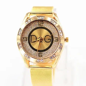 DQG חם למכור נשים נירוסטה שעון יוקרה, אופנה קריסטל קוורץ צמיד זהב וכסף, רשת פלדה רצועת החגורה 2023