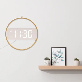 עגולים עץ Led שעון קיר, מסגרת עץ במבוק שעון דיגיטלי, יצירתי מודרני פשוט שעון קיר דקורטיבי
