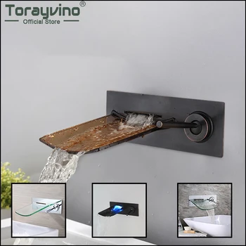 Torayvino אמבטיה ברז קיר רכוב מפל זכוכית, זרבובית שחור האמבטיה ברזי ידית אחת אגן כיור ברז מים