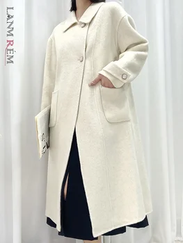 LANMREM צמר בינוני אורך המעיל נשים אופנה דש אחת עם חזה מוצק צבע בגדים באיכות גבוהה 2023 סתיו החורף חדש 2AA1991