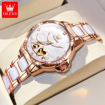 OLEVS חדש לנשים לצפות האופנה רוז זהב מקרה קרמיקה נשים שעון היד עמיד למים שעון מכני רומנטי נשים שעונים מתנה