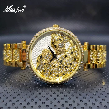 MISSFOX נשים אופנה זהב רלו יוקרה מזדמן נמר שמלת השעון הנוצץ לנשים עם יהלומים עמיד למים שעונים הסיטוניים