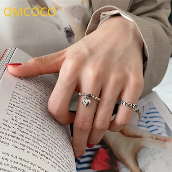QMCOCO פשוט צבע כסף טבעות לנשים אופנתי עיצוב יצירתי לב בצורת תליון וינטג ' פאנק מסיבת מתנות