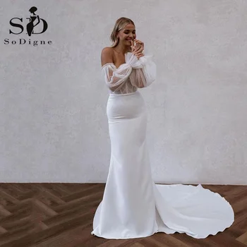 SoDigne בציר סאטן Memraid שמלות כלה 2023 אהובות פאף שרוולים שמלת כלה רכבת לטאטא לנשים חתונה שמלות