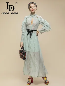 תעודת זהות לינדה דלה מעצב אופנה שמלת הקיץ של נשים תחרה לעמוד צווארון שרוול ארוך קפלים עם חגורת חופשה ארוכה שמלת מסיבת