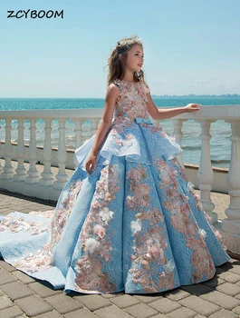 אלגנטי תכלת 3D אפליקציות שרוולים פרח ילדה שמלת החתונה 2023 נסיכת היופי, מסיבת יום הולדת שמלת ההתייחדות הראשונה