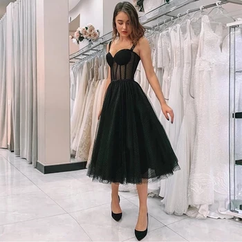 שחור נקודות טול שמלות לנשף קצרות קטיפה, תה אורך שמלת ערב 2023 חמה למכירה נשים מסיבת חתונה שמלות
