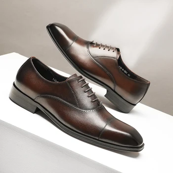 עור גברים נעלי עסקי ללבוש רשמי החתונה החתן ברוק נעלי אוקספורד דרבי שלושה ג ' וינטים בסגנון בריטי שרוכים נעלי עור פרה