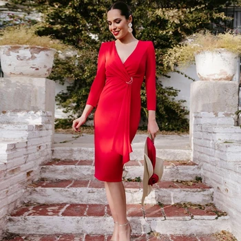 Weilinsha פשוטה אדום ג ' רזי ערב רשמי שמלות באורך הברך קפלים שרוולים ארוכים לנשים ישר השמלה אויב מסיבת החתונה.