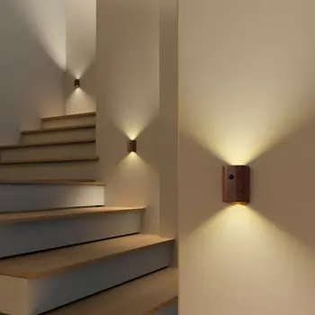 הצמדה עץ חיישן תנועה תאורת לילה נטענת USB אלחוטי LED אינדוקציה מנורת קיר חדר השינה מטבח מסדרון מדרגות אור
