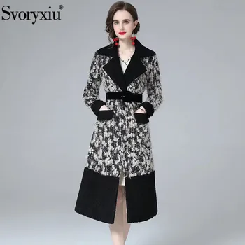 Svoryxiu אופנה אישה החורף רטרו ישר מעיל מעיל דש לבנות ויפות גיאומטריות להדפיס שורה אחת של כפתורים ארוכה סעיף מעיל