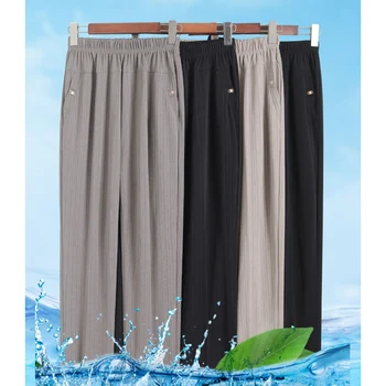 אמא של הקיץ קרח דק משי, מכנסי נשים של גודל גדול רופף שמן מזדמן ישר מכנסיים בגיל העמידה, קשישים נקבה מכנסיים 5XL