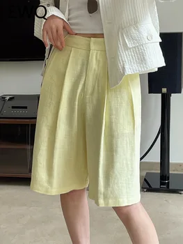 EWQ גבוהה המותניים ישר פשתן קצרים לנשים מוצק רופף רחב הרגל מכנסיים אופנה קוריאנית דק בגדים 2023 הקיץ החדש 26D3527