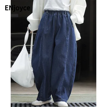 האביב הנשים רטרו בסגנון יפני כחול כהה כותנה מלאה מעוקל ג 'ינס מקרית חופשי אלסטי המותניים רחב רגליים מכנסיים מכנסי ג' ינס