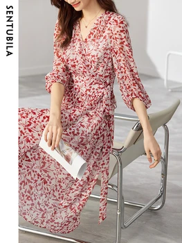 Sentubila צרפתי אלגנטי שמלות קיץ לנשים 2023 אופנה קלאסית V-צוואר ישר שרוול קצר האופנה משמש שמלה אדומה