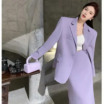 2023 אביב סתיו נשים אופנה חדש חליפת חצאית דו-חתיכת קבוצה קוריאנית וינטג ' שיק מזדמן מעיל שמלה סגולה החליפה חליפות נשיות