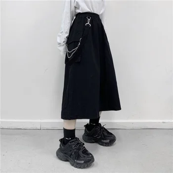 HOUZHOU גותי חצאיות ארוכות נשים פאנק שרשרת טלאים שחור עם קו מותן גבוה מידי. חצאית קיץ אופנה קוריאנית Harajuku אופנת רחוב