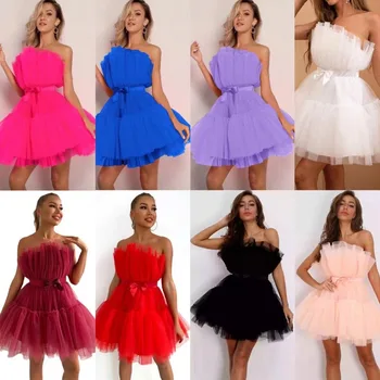 חופש כתף רשת נשים ערב שמלת מיני מוצק ללא שרוולים שמלות טוטו 2023 ליפול חתונה שמלה סקסית מועדון לילה מסיבה Vestidos