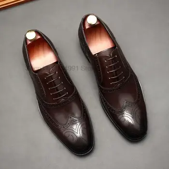 עור אמיתי Mens רשמי נעליים בעבודת יד קלאסיקה אוקספורד עור אמיתי עסקי תחרה בולוק שמלת נעליים לגברים