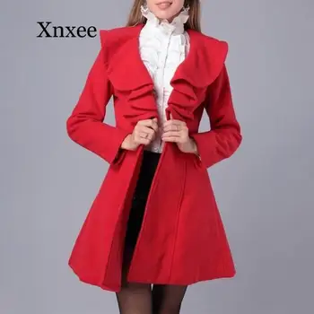 אדום אלגנטי לחצן יחיד נשים צמר מוצק צבע המעיל נשים אלגנטי Slim ארוך שרוולים דש כפתורים לפרוע את הג ' קט