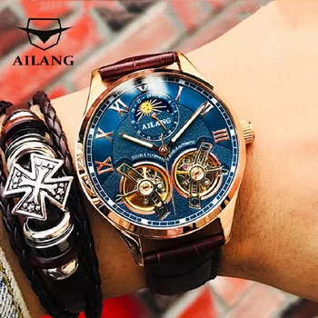 AILANG 2023 אופנה מקורי מותג גברים של יוקרה שעון מכני כפול טורבילון רצועת עור הירח שלב אוטומטית שעונים