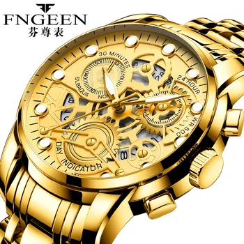 יוקרה, אופנה גברים שעון שעון יד קוורץ שעון זהב, שעון גברים עמיד במים הכרונוגרף Relogio Masculino