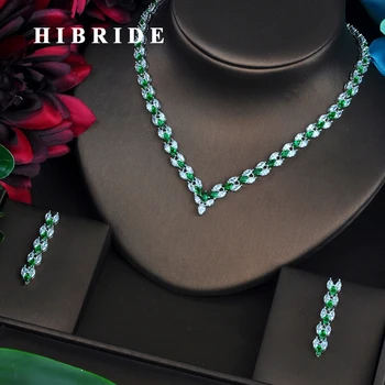 HIBRIDE מבריק V מכתב עיצוב המרקיזה ירוקה חתוכה CZ תכשיטים מגדיר עבור נשים שרשרת סט תכשיטים לחתונה Brincos 2018 N-467