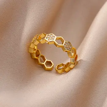 זירקון חלול משושה הטבעת לנשים פלדת אל חלד מצופה זהב משושה צורה פתיחת טבעת חתונה, מסיבה אסתטית תכשיטים מתנה